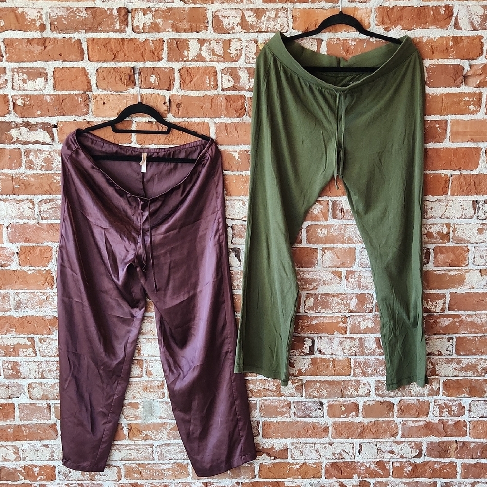BUNDLE: Women's Satin and Cotton Pajama Pants Set - Purple and Green